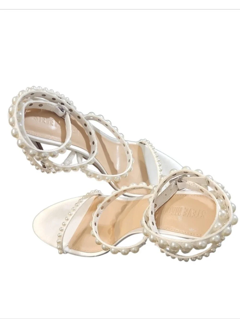 Steve Madden Teena Pearl White Satin Strappy Sandals Heels Sz 8 NWT